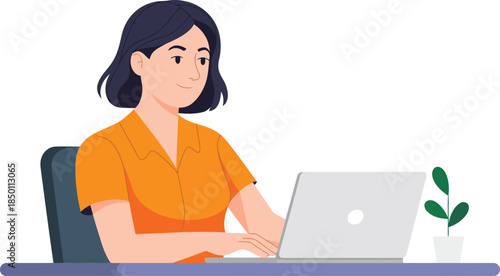 Smiling businesswoman working on laptop in modern office setting