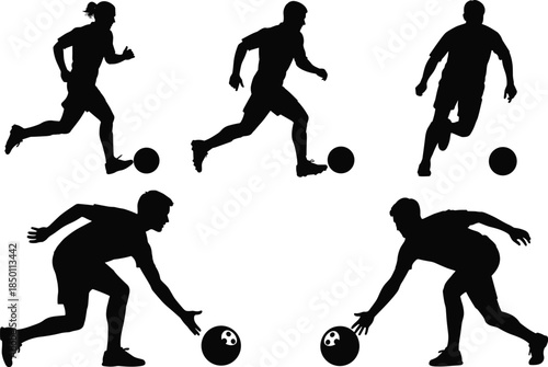 Sports silhouette, soccer action, bowling pose, athlete movement, ball control, dynamic posture, black figure, fitness, game motion, sport icon