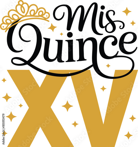 Elegant Miss Quince XV celebration logo with golden crown and stars