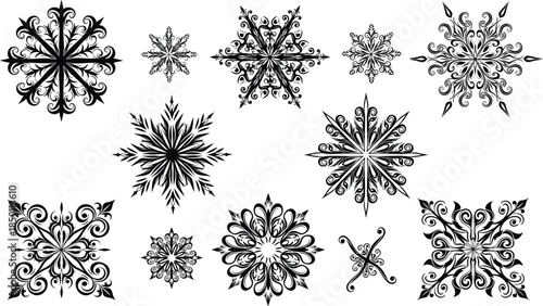 Snowflake silhouette, black design, winter icon, geometric pattern, holiday decoration, ornamental motif, symmetrical art, festive graphic, vector shape, seasonal