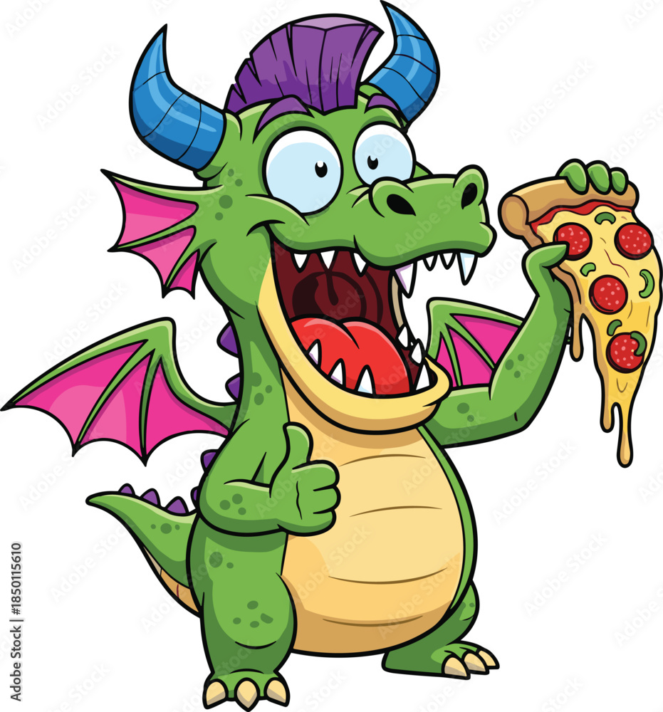 Obraz premium Cartoon dragon, green creature, pizza slice, thumbs up, purple hair, pink wings, fun character, kids illustration, fantasy, food