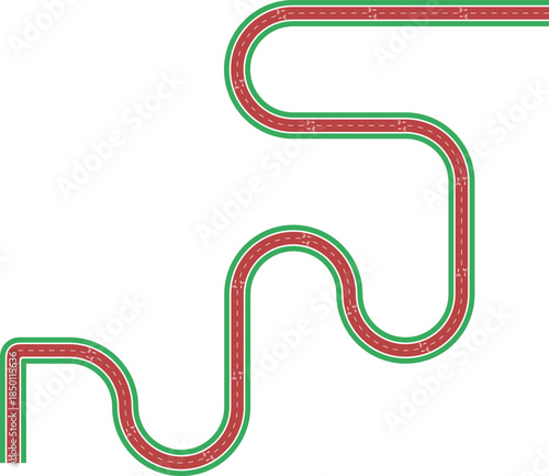 Vector element showing a two way bike lane path with zigzag flow, curved edges, grassy median, bicycle pictogram, and directional arrow.
