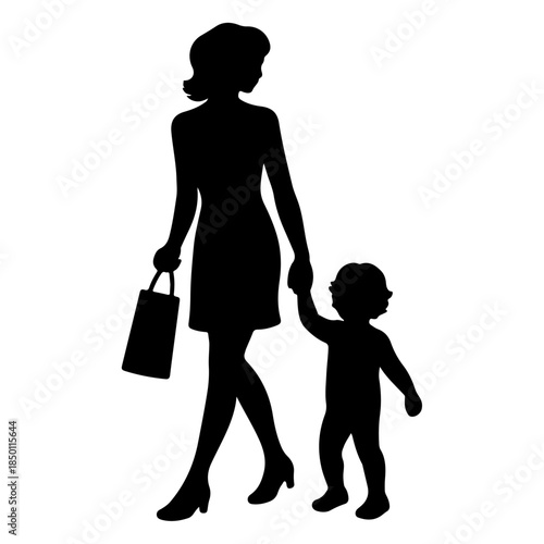Mother Walking with Child Silhouette – Parenthood, Family Care, and Daily Life Concept