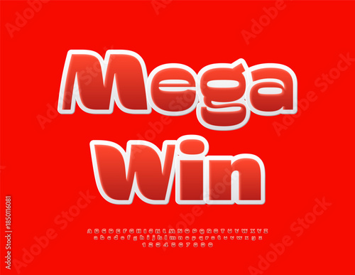 Vector Cool logo Mega Win. Fashion Red Font. Stylish Alphabet Letters and Numbers set.