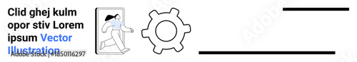 Automation, workflow, process optimization, digital tools, technology systems, efficiency strategies. A person walking through a digital door next to a gear symbol. Automation and workflow