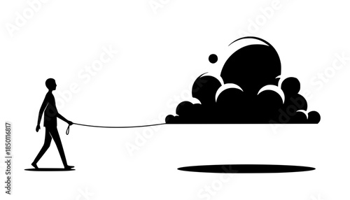 Surreal Silliness: Person Walking a Cloud on a Leash - Whimsical and Absurd Vector Silhouette