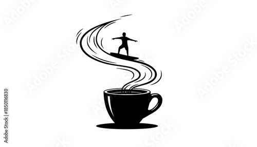 Absurd Morning Routine: Tiny Person Surfing on Coffee Steam Silhouette - Surreal Silliness Vector