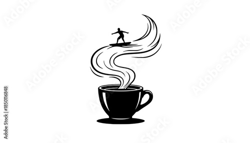 Absurd Morning Routine: Tiny Person Surfing on Coffee Steam Silhouette - Surreal Silliness Vector