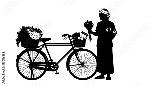 Local Flavor: Traditional Street Flower Vendor with Bicycle Silhouette - Authentic Culture Vector