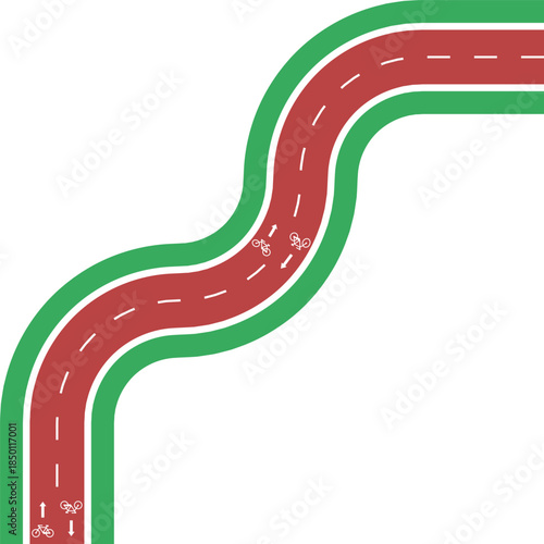 Vector element depicting a maze style two way cycling path with grassy median, bicycle symbol, arrow direction, and interconnected turns.