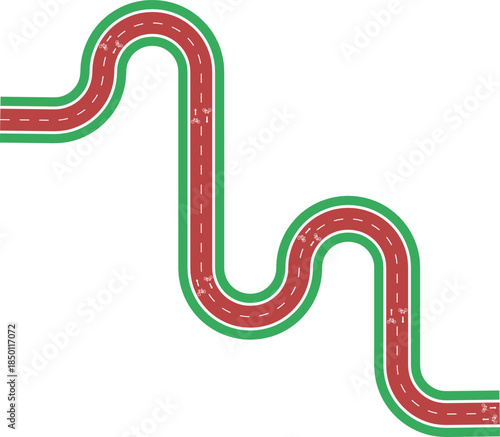 Vector element illustrating a maze based cycling path formed by flowing wave shapes, grassy median separation, arrow direction, and bike icon.
