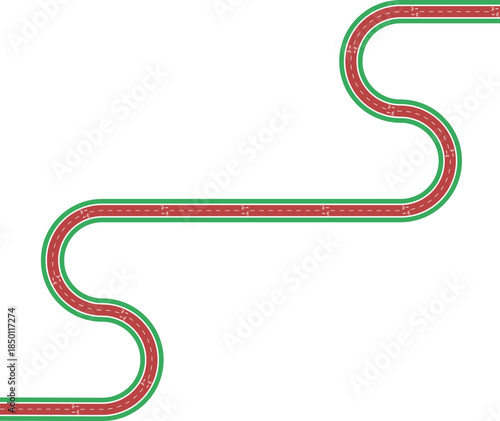 Vector element presenting an irregular square based bike path with zigzag routing, grassy divider, arrow marking, and bicycle pictogram.