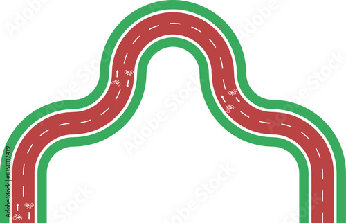 Vector element showing a labyrinth bike lane with zigzag wave routing, grassy divider, directional arrow, and bicycle pictogram.