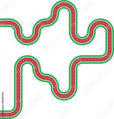 Vector element presenting a labyrinth cycling route combining zigzag motion with rounded waves, grassy divider, bicycle pictogram, and arrow direction.