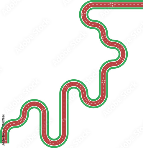 Vector element depicting a circular maze cycling path built from rounded wave forms with grassy median, arrow marking, and bike icon.