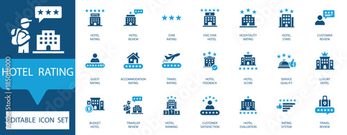Hotel Rating and Hospitality Icon Set. Featuring hotel reviews, star ratings, guest feedback, and luxury accommodation symbols for travel apps and web design. Editable vector.