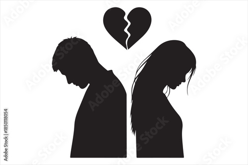Silhouettes of a couple with a broken heart