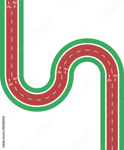 Vector element showing a square shaped bike lane path defined by wave routing, grassy median, arrow indicator, and bicycle symbol.
