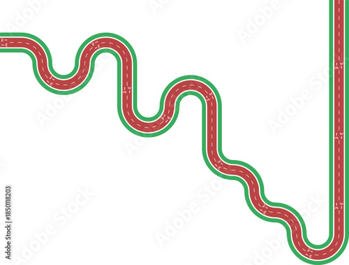 Vector element depicting an irregular zigzag bike lane composed of rounded wave paths with grassy median, arrow marking, and bike symbol.