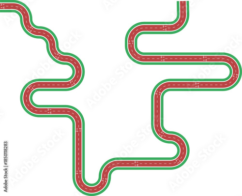 Vector element illustrating a zigzag maze bike lane formed with rounded wave geometry, grassy median, arrow indicator, and bicycle symbol.