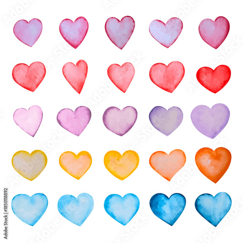 Collection of hearts with realistic watercolour texture isolated on white background. Red, pink, violet, yellow, orange and blue hearts.Decorative elements for Valentines, love theme, wedding. Vector 