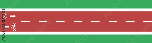 Vector element showing a cycle path with two direction travel, grass median, bicycle pictogram, direction arrow, and straight linear route. 
