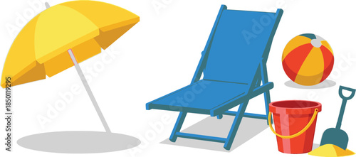 Flat vector set of 5 beach items sun umbrella lounge chair sand bucket shovel and ball