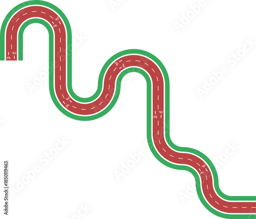Vector element presenting an irregular abstract bike lane form built from curved wave paths with grassy divider, arrow direction, and bike symbol.