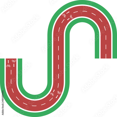 Vector element showing an irregular maze structure for a bike lane using rounded wave geometry, grassy divider, arrow direction, and bike icon.