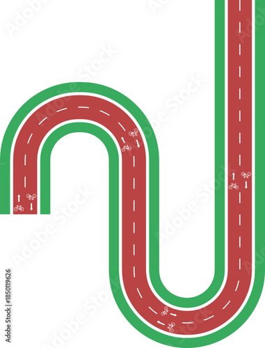 Vector element illustrating an irregular labyrinth cycling path built with rounded waves, grassy median separation, bike icon, and arrow direction.