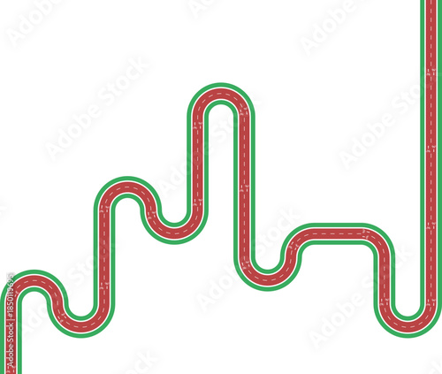 Vector element illustrating a long maze cycling path with extended routing, grassy divider, bicycle pictogram, and arrow direction.
