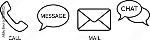 Set of outline icons representing various methods of electronic communication like call message mail and chat support