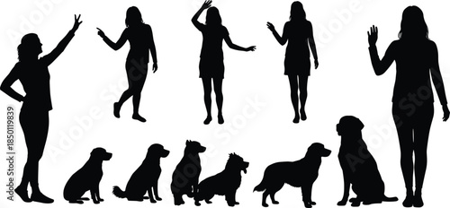 Women and dogs silhouettes, black figures, expressive poses, human-animal interaction, companionship concept, gesture comparison, pet bonding, minimalist illustration