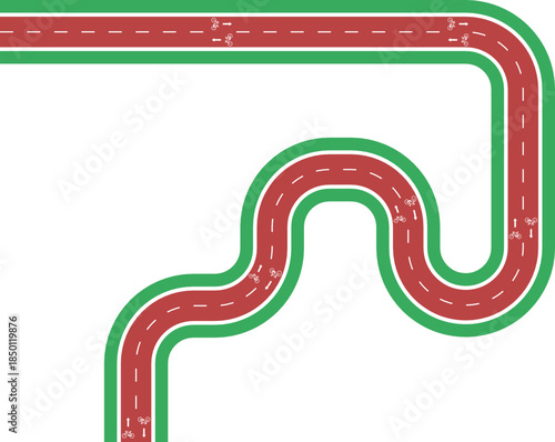 Vector element presenting a cycling path defined by rounded wave motion with grassy divider, bicycle pictogram, and directional arrow.