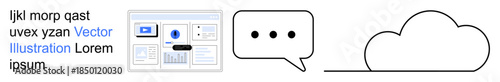 Digital communication, cloud storage, data transfer, web interfaces, collaboration, cloud computing. A website mockup, speech bubble and cloud outline. Digital communication and cloud storage