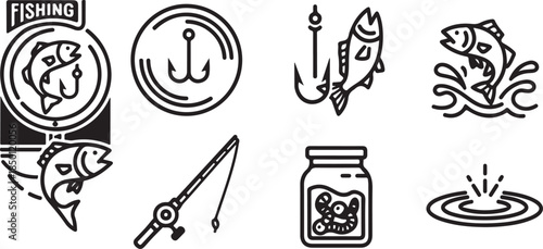 Fishing themed icons and symbols in black and white