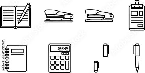 Collection of black line art icons representing essential office supplies including stationery tools for business tasks and organization