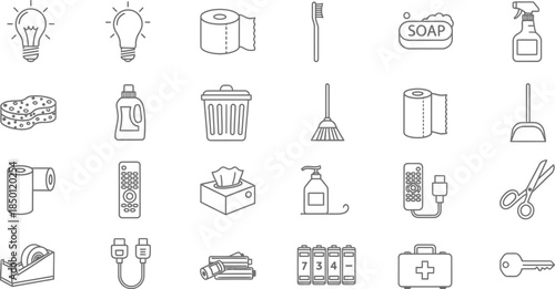 Collection of essential household and utility line icons featuring cleaning supplies electronics and personal care items