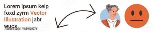Identity verification, graphics exchange, communication, emotion, profile setup, avatar concepts. Two circular icons elderly woman and a neutral face with an arrow. Identity verification and graphics