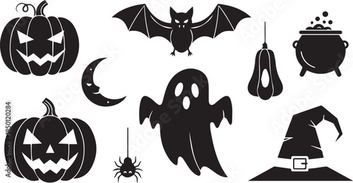 Halloween silhouette collection spooky pumpkins bat ghost witch hat moon spider and cauldron