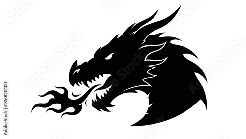Fierce Black Dragon Head Silhouette Breathing Fire.