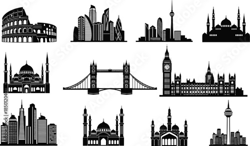 Global architecture silhouette, Colosseum, mosque, Tower Bridge, Big Ben, cityscape, skyline, landmark icons, cultural buildings, travel, tourism, heritage, black