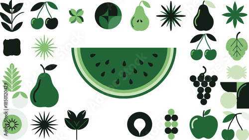 Green fruit illustration, watermelon, kiwi, apple, pear, grape, cherry, leaf pattern, botanical art, healthy food, summer design, modern