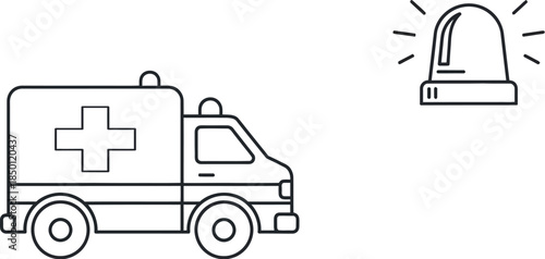 Minimalist outline icon set depicting an ambulance vehicle a flashing siren light and a medical cross symbol