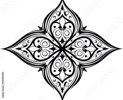 Ornate floral motif, symmetrical design, black and white, leaf swirl, decorative pattern, textile art, elegant, vintage, classic, cultural, abstract