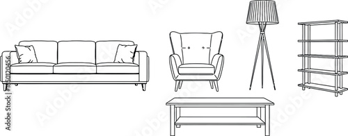 Line art vector set of 6 living room furniture items sofa armchair lamp coffee table and bookshelf