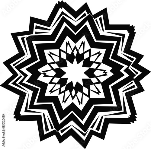 Starburst mandala, geometric symmetry, black and white, abstract pattern, jagged lines, optical art, modern design, bold, sharp, layered, intricate
