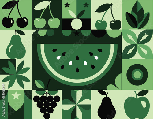 Watermelon, cherries, pears, grapes, apples, kiwi, leaves, green fruit pattern, botanical illustration, healthy food, summer design, nature art, vibrant
