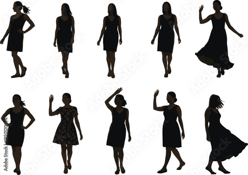 Women silhouette fashion poses, stylish dress variety, black outline, minimal art, walking gesture, waving hand, elegant posture, body language study