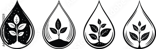Water droplet icon with growing plant inside bold black line art sustainability concept